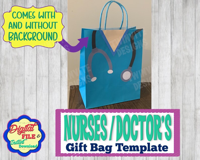 Puede incluir: Una plantilla de bolsa de regalo azul con un estetoscopio y un cuello blanco, para enfermeras o m&eacute;dicos. El texto "NURSES/DOCTOR'S Gift Bag Template" est&aacute; en la parte inferior de la imagen.