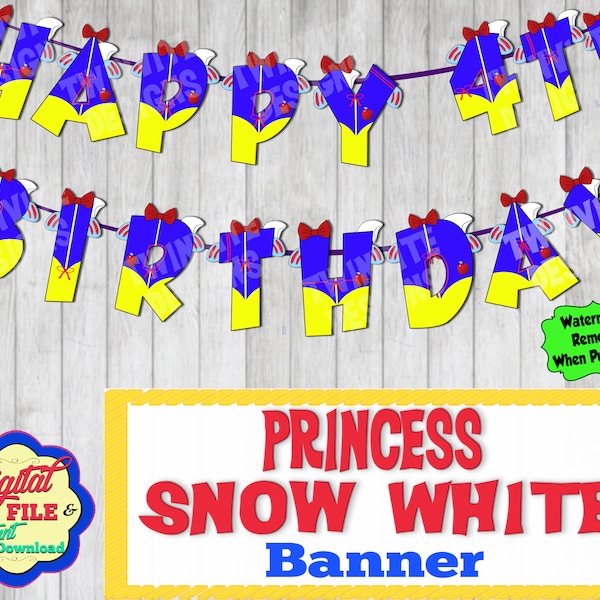 Snow White Party Banner, Princess Dress Letters and Numbers, Royalty Garland, Crown, Birthday Decorations, Gown, Printable, Instant Download