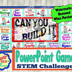 May include: A colorful PowerPoint game board with the title "Can You Build It?" and the words "STEM Challenge" in a blue banner. The board features a variety of building challenges, such as building a house, building with only orange blocks, and building a large tower.