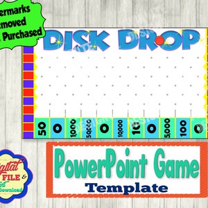 May include: A PowerPoint game template with a colourful design. The game is called "Disk Drop" and features a grid with different point values. The template is perfect for creating a fun and engaging game for children or adults.