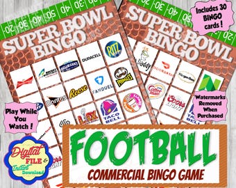 Puede incluir: Un juego de bingo de Super Bowl imprimible con 30 tarjetas de bingo. El juego presenta logotipos de marcas populares, incluidas Budweiser, Doritos, Reese's y Taco Bell. El juego se titula "Super Bowl Commercial Bingo Game" y está disponible para descarga instantánea.