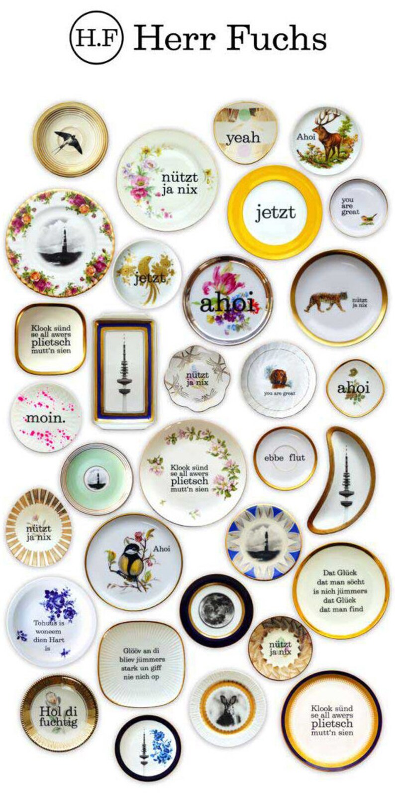 K&ouml;nnte beinhalten: Eine Sammlung von 20 dekorativen Tellern mit verschiedenen Designs und Spr&uuml;chen. Die Teller sind wei&szlig; mit goldenen Verzierungen und zeigen eine Vielzahl von Bildern, darunter Tiere, Blumen und Text. Die Teller sind in einem Rastermuster auf wei&szlig;em Hintergrund angeordnet.