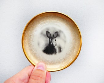 Wall plate rabbit dots 10 cm Vintage Deko plate  Wall deko gold edg wall hanging