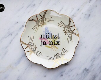 Wall plate nützt ja nix typo 11 cm Vintage Deko plate  Wall deko flowers gold edg wall hanging