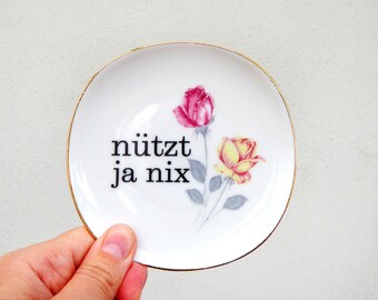 Wandteller nützt ja nix Typo 11 cm Vintage Blumen Wanddeko Goldrand Herr Fuchs mini