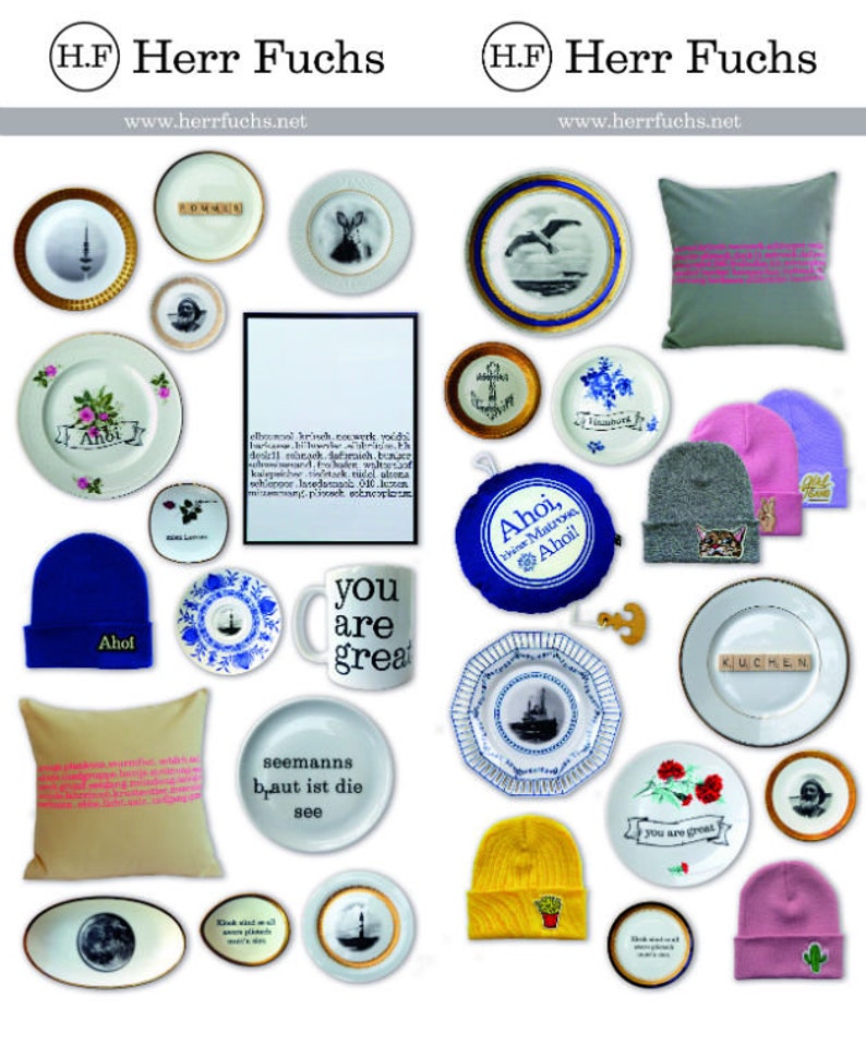 K&ouml;nnte beinhalten: Eine Sammlung bunter Keramikteller, Tassen und Kissen mit nautischen Motiven. Die Teller zeigen verschiedene Designs, darunter ein Schiff, eine M&ouml;we und einen Leuchtturm. Die Tassen zeigen den Text "you are great" und "seemanns baut ist die see". Die Kissen zeigen den Text "Ahoi" und "you are great".