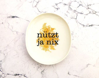 Wall plate nützt ja nix typo 11 cm Vintage Deko plate  Wall deko flowers gold edg wall hanging