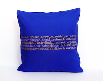 Typo pillow Hamburg printed 40 x40  zipper blue/gold