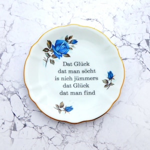 Wandteller Glück 19 cm Vintage plattdeutsch Wanddeko blau Blumen Herr Fuchs Gold Bild 1