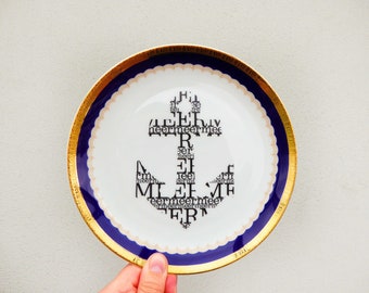 Wall plate anchor typo  Vintage Deko plate  Wall deko blue/gold edg wall hanging