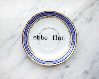 Wall plate ebb flood typo 11 cm Vintage Deko plate  Wall deko blue gold edg wall hanging