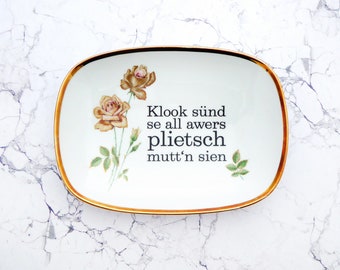 Wandteller Typo plietsch Vintage Platte Goldrand Herr Fuchs plattdeutsch Blume  23cm