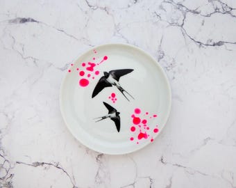 Wall plate swallow dots neonpink 10 cm Vintage Deko plate  Wall deko edg wall hanging