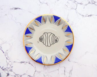 Wall plate Franzbrötchen 11cm typo Vintage Deko plate  Wall deko blue gold edg wall hanging