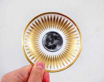 Wall plate moon stripes 10 cm Vintage Deko plate  Wall deko gold edg wall hanging