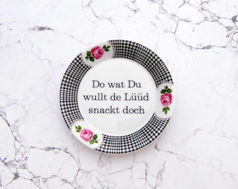 Wall plate Do wat du wullt typo flower 11cm  check pattern Vintage Deko plate  Wall deko gold edg wall hanging