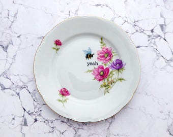 Wallplate yeah Vintage 19cm bumblebee flower blau plate Deko plate wall hanging