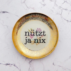 Wall plate nützt ja nix typo 11 cm Vintage Deko plate  Wall deko flowers gold edg wall hanging