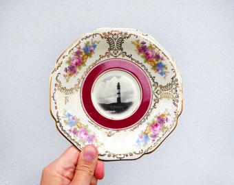 Wall plate lighthouse 15cm Vintage Deko plate  Wall deko red gold edg wall hanging