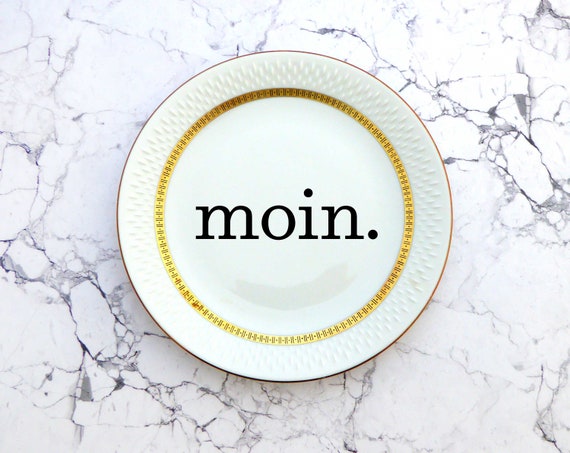 Wandteller Typo moin. Vintage Wanddeko Goldrand Herr Fuchs schnack 19cm