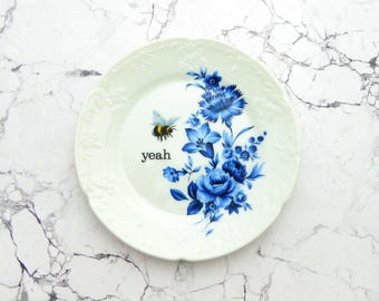Wallplate yeah Vintage 15cm bumblebee blue flower plate Deko plate wall hanging
