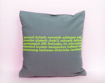 Typo pillow Hamburg printed 40 x40  zipper heathergray/neonyellow