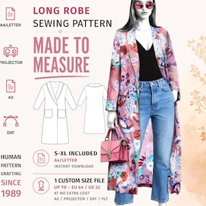 May include: A long robe sewing pattern featuring a floral print garment in shades of pink and blue. The text includes Long Robe Sewing Pattern, Made to Measure, S-XL Included, and Human Pattern Drafting Since 1989. Icons for A4/Letter, Projector, A0, and DXF are visible.