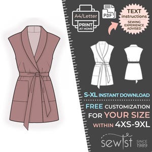 Puede incluir: Patrón de costura imprimible para un vestido de envoltura sin mangas con cuello y bolsillos. El patrón está disponible en tallas S-XL y se puede personalizar para tallas 4XS-9XL. El patrón está disponible para descarga instantánea e incluye instrucciones de texto. Se recomienda experiencia en costura.
