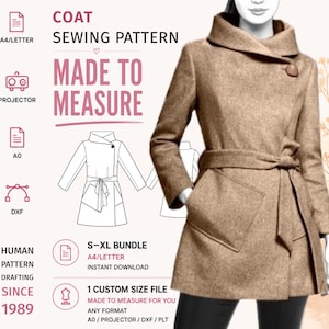 May include: A sewing pattern for a tan coat with a wide collar, a single button closure, and a tie waist belt. The image includes text: COAT SEWING PATTERN, MADE TO MEASURE, S-XL BUNDLE, HUMAN PATTERN DRAFTING SINCE 1989, and various file format icons.