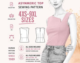 Asymmetrical Blouse, Women Top Sewing Pattern,Sizes 4XS-9XL Instant Download PDF Sewing Pattern A4/Letter,A0,Projector Files,SVG