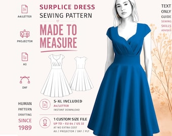 Könnte beinhalten: Ein digitales Schnittmuster für ein blaues Wickelkleid. Das Bild zeigt den Text SURPLICE DRESS SEWING PATTERN, MADE TO MEASURE und HUMAN PATTERN DRAFTING SINCE 1989. Es enthält technische Strichzeichnungen, Größen S-XL und Optionen für benutzerdefinierte Dateien.
