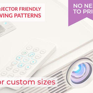 May include: A white digital projector with a matching remote control resting on top. The image features red text reading PROJECTOR FRIENDLY SEWING PATTERNS and for custom sizes, plus a purple banner with the text NO NEED TO PRINT.
