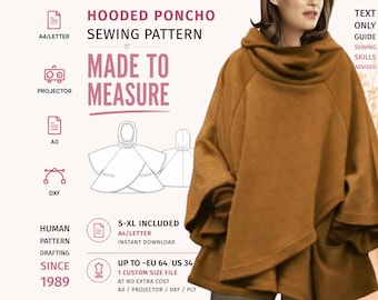 May include: A sewing pattern for a hooded poncho with text including HOODED PONCHO SEWING PATTERN, MADE TO MEASURE, A4/LETTER, PROJECTOR, A0, DXF, HUMAN PATTERN DRAFTING SINCE 1989, S-XL INCLUDED, and UP TO EU 64/US 34. The image shows a brown hooded poncho.
