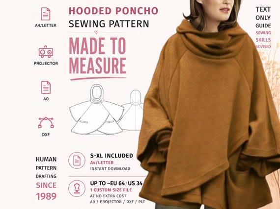 Hooded Poncho Sewing Pattern PDF · Women’s Cape Poncho · S–XL + Custom Size