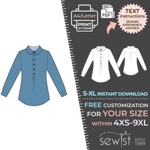 May include: A digital sewing pattern for a long-sleeved shirt. The image shows a blue shirt design, along with white shirt illustrations. Text includes "A4/Letter PRINT AT HOME", "PDF", and "TEXT instructions SEWING EXPERIENCE ADVISED". The pattern offers free customization for sizes 4XS-9XL.