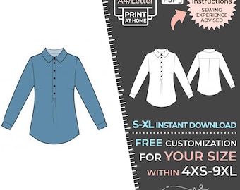 2186 Blouse Sewing Pattern with Central Placket (S-XL) + Custom Size Option (PDF Download)