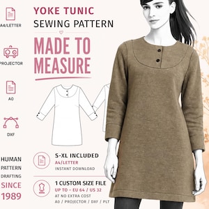 May include: A brown long-sleeved yoke tunic sewing pattern featuring a round neckline with two buttons. The graphic includes text: YOKE TUNIC SEWING PATTERN, MADE TO MEASURE, S-XL INCLUDED, A4/LETTER, PROJECTOR, A0, DXF, HUMAN PATTERN DRAFTING SINCE 1989.