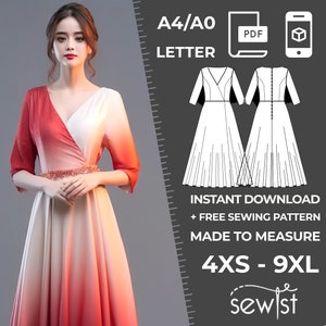 Könnte beinhalten: Ein digitales Schnittmuster für ein rot-weißes Ombre-Kleid mit V-Ausschnitt und 3/4-Ärmeln. Das Schnittmuster ist in den Größen 4XS bis 9XL erhältlich und kann sofort heruntergeladen werden. Das Schnittmuster ist maßgeschneidert und enthält Anweisungen zum Nähen des Kleides. Der Text "A4/A0 LETTER PDF INSTANT DOWNLOAD + FREE SEWING PATTERN MADE TO MEASURE 4XS - 9XL sewist" ist im Bild enthalten.