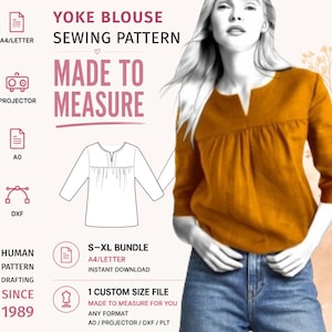 May include: A sewing pattern for a yoke blouse featuring text that reads YOKE BLOUSE SEWING PATTERN, MADE TO MEASURE, S-XL BUNDLE, and 1 CUSTOM SIZE FILE. The image displays a technical line drawing of the blouse and a mustard yellow blouse.