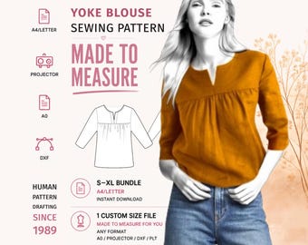 Gathered Yoke Blouse Sewing Pattern PDF – Split Neck Top with 3/4 Sleeves
