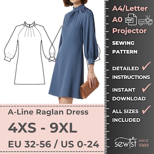 May include: A-line raglan dress sewing pattern in blue. The dress features a high neckline and long, puffy sleeves. The pattern includes sizes 4XS to 9XL, and is available for instant download. The image also includes a line drawing of the dress.