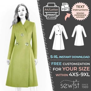 May include: A digital sewing pattern for a double-breasted coat with a long, A-line silhouette. The pattern is available in sizes S-XL and can be customised for sizes 4XS-9XL. The pattern is an instant download and includes text instructions. Sewing experience is advised.