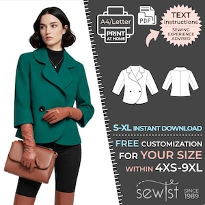 2055 Jacket Sewing Pattern PDF Download, S-M-L-XL or Free Made to Measure Personalization, Royalty Free Personal or Commercial Use