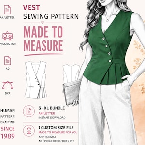 Puede incluir: Un patrón de costura digital para un chaleco verde con escote en V, cierre asimétrico de botones y detalle de peplum plisado. El gráfico incluye el texto VEST SEWING PATTERN, MADE TO MEASURE y S-XL BUNDLE, junto con iconos técnicos.