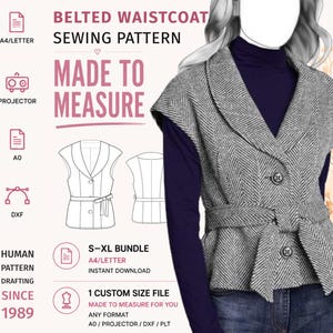 May include: A sewing pattern for a belted waistcoat featuring a grey and white herringbone fabric, a shawl collar, and two front buttons. The digital file includes A4, letter, A0, and projector formats, with a custom size option for sizes S to XL.