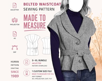 May include: A gray and white herringbone patterned belted waistcoat sewing pattern. The image displays text including BELTED WAISTCOAT SEWING PATTERN, MADE TO MEASURE, A4/LETTER, PROJECTOR, A0, DXF, HUMAN PATTERN DRAFTING SINCE 1989, S-XL BUNDLE, and 1 CUSTOM SIZE FILE.