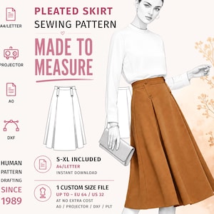 Könnte beinhalten: Ein Schnittmuster für einen Faltenrock mit dem Text PLEATED SKIRT SEWING PATTERN, MADE TO MEASURE, S-XL INCLUDED und 1 CUSTOM SIZE FILE UP TO EU 64. Die Grafik zeigt einen braunen Rock mit hoher Taille, Knöpfen und technischen Details.