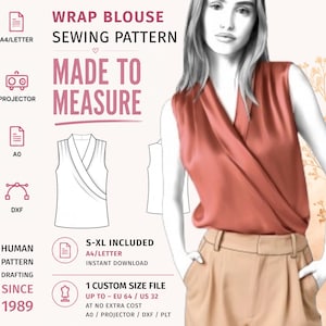 Può includere: Un cartamodello per camicetta a portafoglio con un top senza maniche color ruggine con scollo a V. La grafica include il testo: WRAP BLOUSE SEWING PATTERN, MADE TO MEASURE, S-XL INCLUDED, A4/LETTER, A0, DXF, HUMAN PATTERN DRAFTING SINCE 1989.