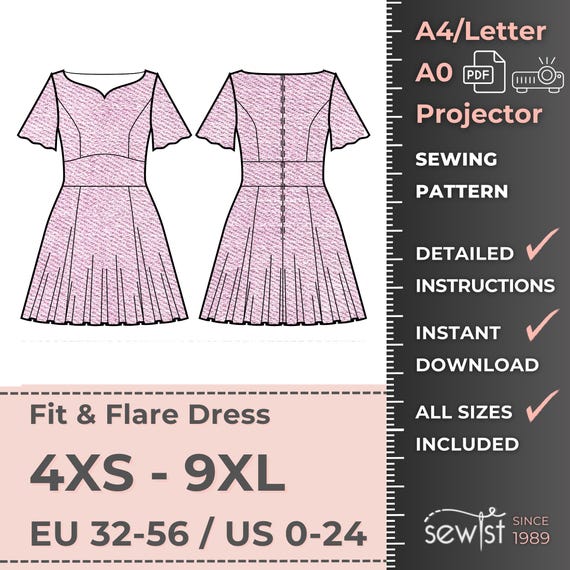 Fit and Flare Dress Sewing Pattern: Women's Sizes 4XS-9XL (PDF Download,  A4/letter/a0/svg/projector Files) - Etsy UK