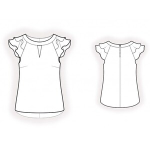 May include: A technical line drawing of a blouse showing front and back views. The blouse features flutter sleeves, a round neckline with a small front slit, and a back closure with a single button and a vertical keyhole opening at the neck.